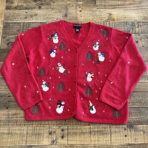 Women's Red Knit Embroidered Snowman Christmas Cardigan- Size L Hampshire Studio